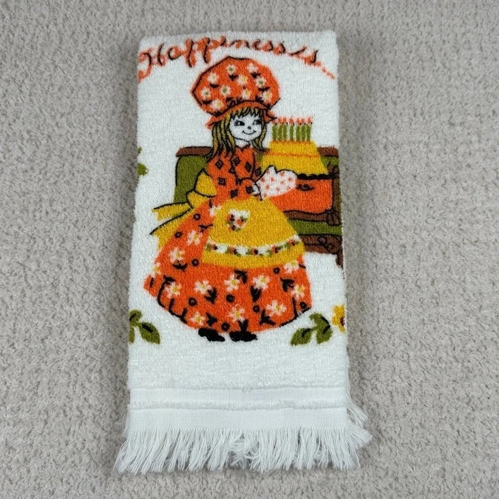 Vintage Cannon Hand Towel Holly Hobbie Style Happiness Is Fringed White Orange